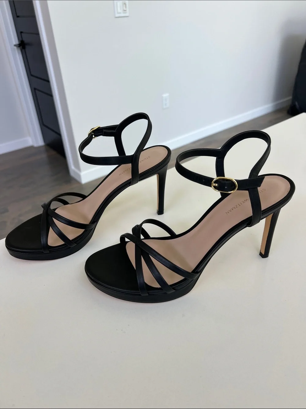 Stuart Weitzman starla 80 platform open toe sandals black leather heels 10